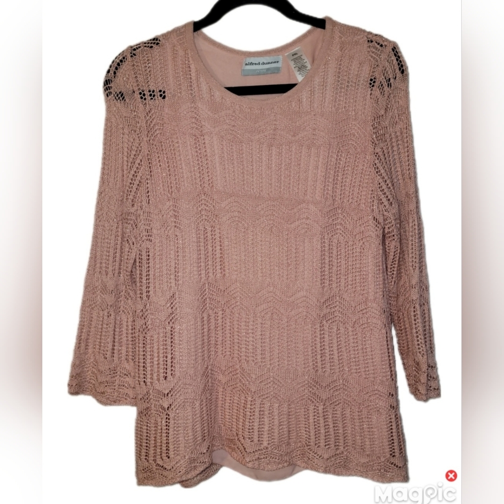 Alfred Dunner Peach Lined Metallic Crochet Knit Sweater Sz Pet Xl Button Accent